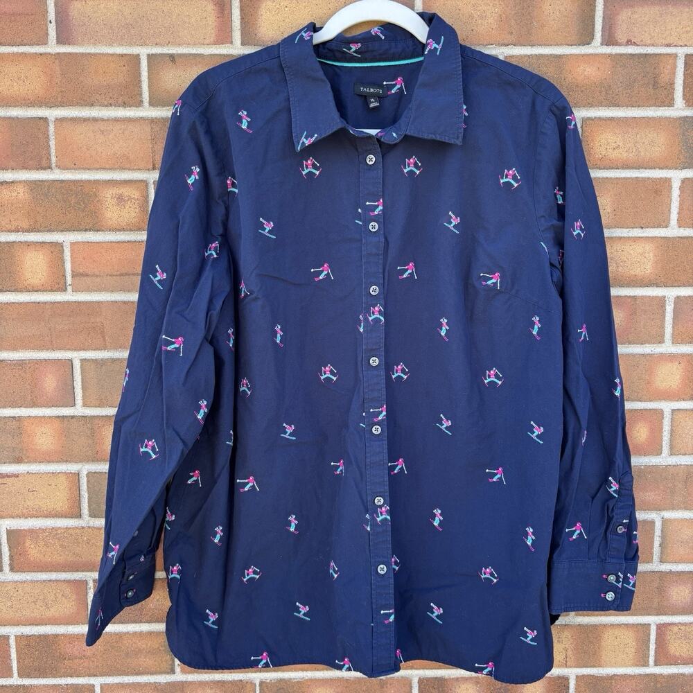 Talbots Womens Button Up Shirt Womens XL Blue Long Sleeve Skiers Skiing AOP